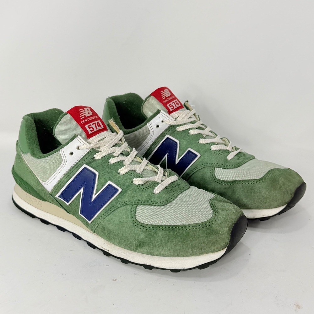 New Balance 574 Mens Green Navy White Suede Mesh Sneakers U574HGB Size 12